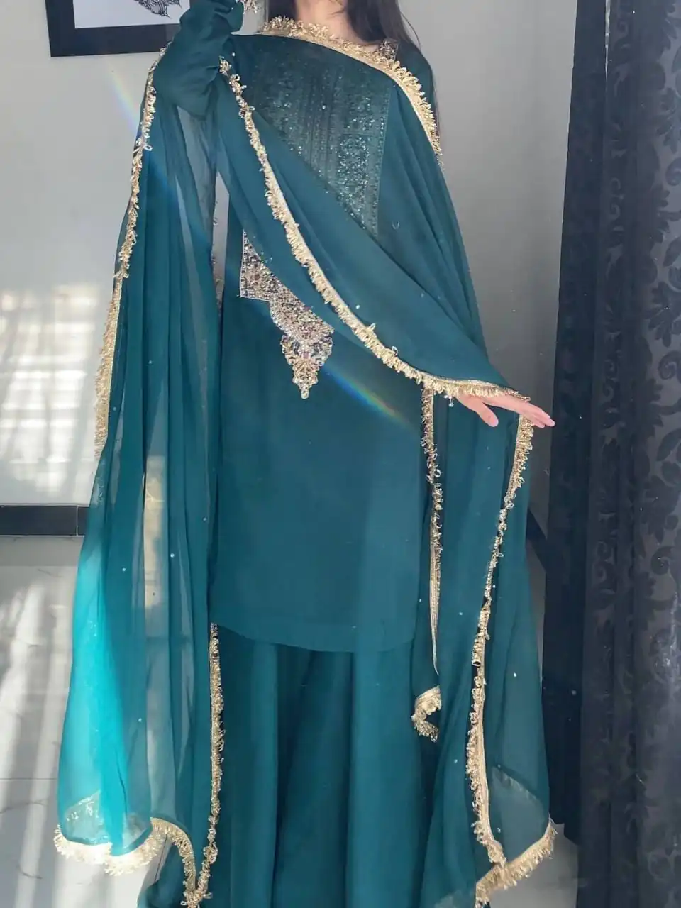 ZC 8021 Teal Fox Georgette Salwar Suit with Embroidery Work & Sequins Work. Exclusive Offer ₹2099. Delivery 4-6 Working Days. Shop now. | Jump Suits, Salwar suit, Designer Suits, Casual Suits, Creative suits, Palazzo Suits, Party Wear Suits, Patiala Suits, Straight Suits