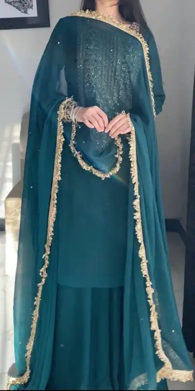 ZC 8021 Teal Fox Georgette Salwar Suit with Embroidery Work & Sequins Work. Exclusive Offer ₹2099. Delivery 4-6 Working Days. Shop now. | Jump Suits, Salwar suit, Designer Suits, Casual Suits, Creative suits, Palazzo Suits, Party Wear Suits, Patiala Suits, Straight Suits