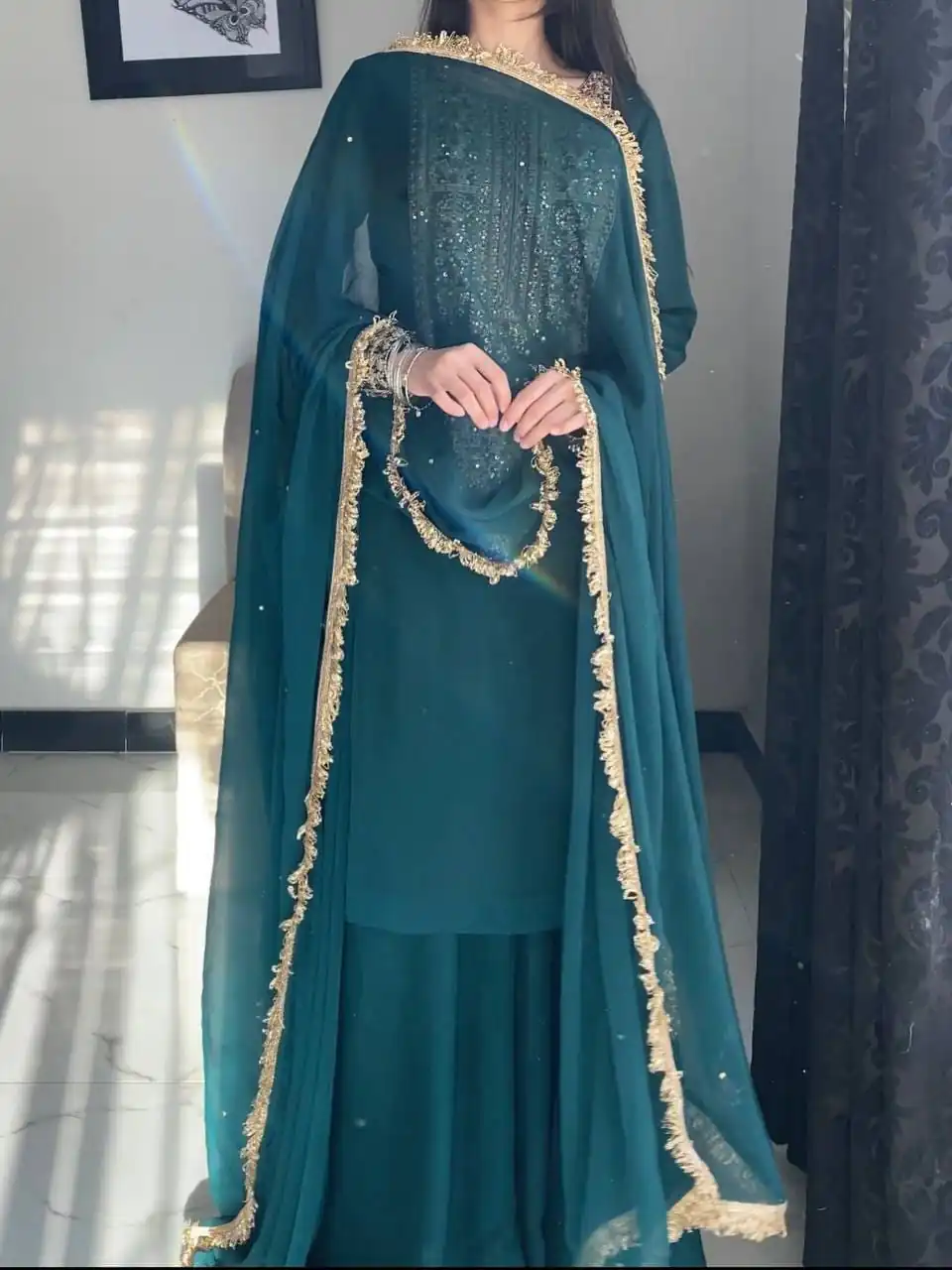 ZC 8021 Teal Fox Georgette Salwar Suit with Embroidery Work & Sequins Work. Exclusive Offer ₹2099. Delivery 4-6 Working Days. Shop now. | Jump Suits, Salwar suit, Designer Suits, Casual Suits, Creative suits, Palazzo Suits, Party Wear Suits, Patiala Suits, Straight Suits