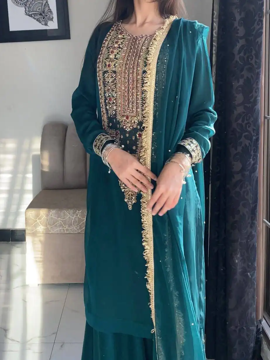 ZC 8021 Teal Fox Georgette Salwar Suit with Embroidery Work & Sequins Work. Exclusive Offer ₹2099. Delivery 4-6 Working Days. Shop now. | Jump Suits, Salwar suit, Designer Suits, Casual Suits, Creative suits, Palazzo Suits, Party Wear Suits, Patiala Suits, Straight Suits