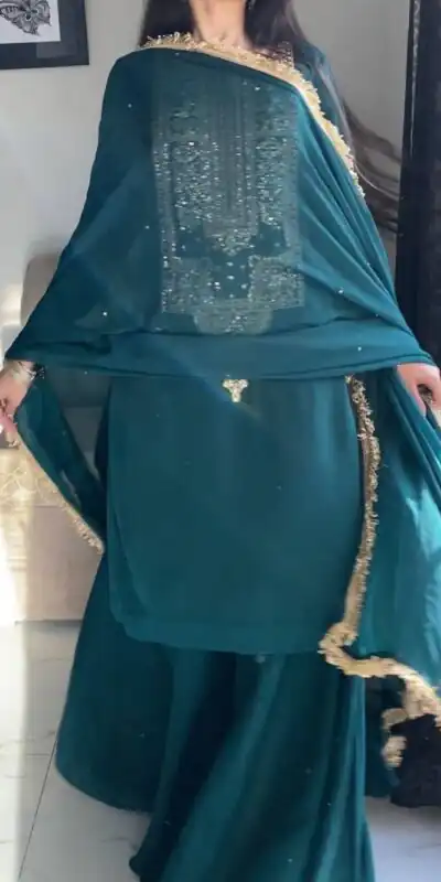 ZC 8021 Teal Fox Georgette Salwar Suit with Embroidery Work & Sequins Work. Exclusive Offer ₹2099. Delivery 4-6 Working Days. Shop now. | Jump Suits, Salwar suit, Designer Suits, Casual Suits, Creative suits, Palazzo Suits, Party Wear Suits, Patiala Suits, Straight Suits
