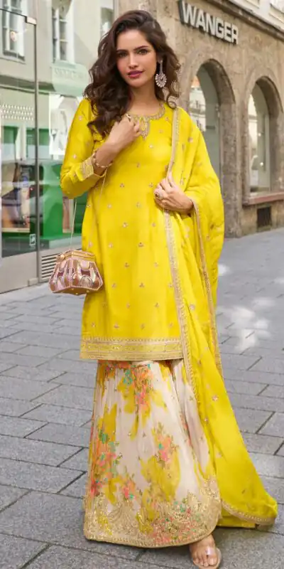 ZC KIARA Yellow Chinon Silk Salwar Suit with Embroidery Work & Sequins Work. Grab it for ₹2399. Delivery 4-6 Working Days. Shop now. | Jump Suits, Salwar suit, Designer Suits, Casual Suits, Creative suits, Palazzo Suits, Party Wear Suits, Patiala Suits, Straight Suits
