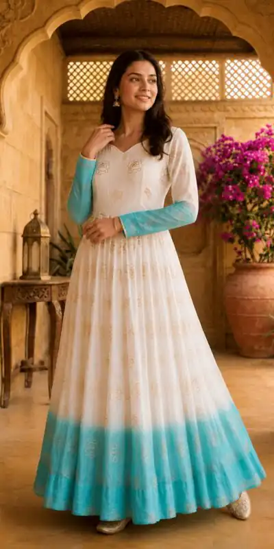 KA 1264 Blue Silver Crunchy Gown Perfect for Wedding, Party, Durga Puja, Ganesh Chaturthi, Family Gatherings – n. Festive Deal ₹1819. Delivery 4-6 Worki | Gowns, Bollywood Gowns, Creative Gowns, Designer Gowns, Embroidered Gowns, Party Wear Gowns