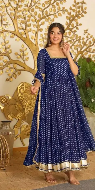 AD 239 Navy Blue in Colour Faux Georgette Bandhani Print Work Gown. Available at ₹1999 only. Delivery 4-6 Working Days. Shop now. | Gowns, Bollywood Gowns, Creative Gowns, Designer Gowns, Embroidered Gowns, Party Wear Gowns