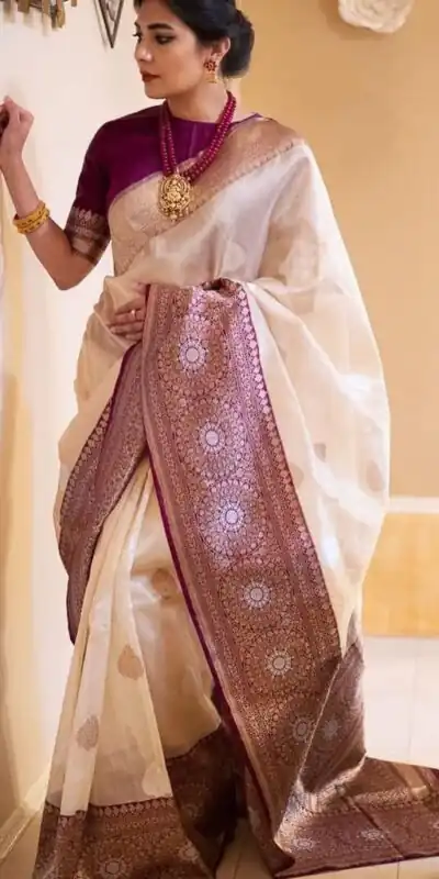 KPR 284 Off White Soft Lichi Silk Saree with Lace Work & Lace Border. Introductory Price ₹1549. Delivery 4-6 Working Days. Shop now. | Sarees, Bollywood Sarees, Creative Sarees, Designer Sarees, Embroidered Sarees, Ethnic Saree, Modern Digital sarees, Party Wear Sarees