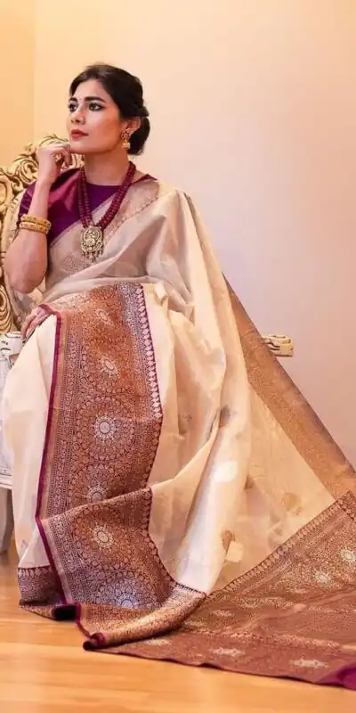 KPR 284 Off White Soft Lichi Silk Saree with Lace Work & Lace Border. Introductory Price ₹1549. Delivery 4-6 Working Days. Shop now. | Sarees, Bollywood Sarees, Creative Sarees, Designer Sarees, Embroidered Sarees, Ethnic Saree, Modern Digital sarees, Party Wear Sarees