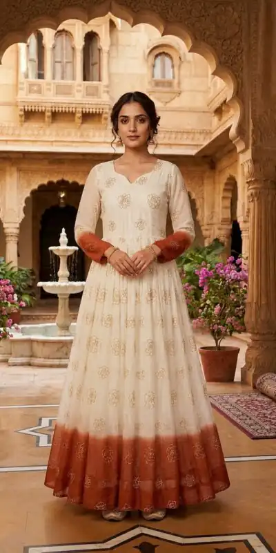 KA 1264 Rust Silver Crunchy Gown Perfect for Wedding, Party, Durga Puja, Ganesh Chaturthi, Family Gatherings – n. Festive Deal ₹1819. Delivery 4-6 Worki | Gowns, Bollywood Gowns, Creative Gowns, Designer Gowns, Embroidered Gowns, Party Wear Gowns
