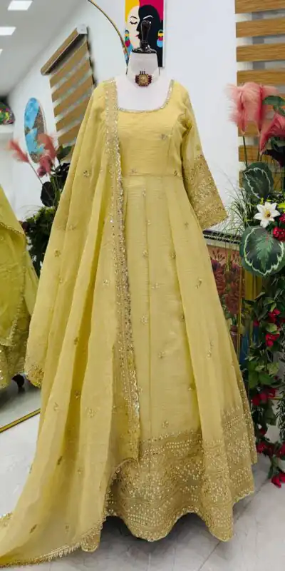 ZB 5069 Yellow Gold Crazy Gown Perfect for Wedding, Party, Mehendi, Anniversary, Onam – . Grab it for ₹2099. Delivery 4-6 Working Days. Shop now. | Gowns, Bollywood Gowns, Creative Gowns, Designer Gowns, Embroidered Gowns, Party Wear Gowns