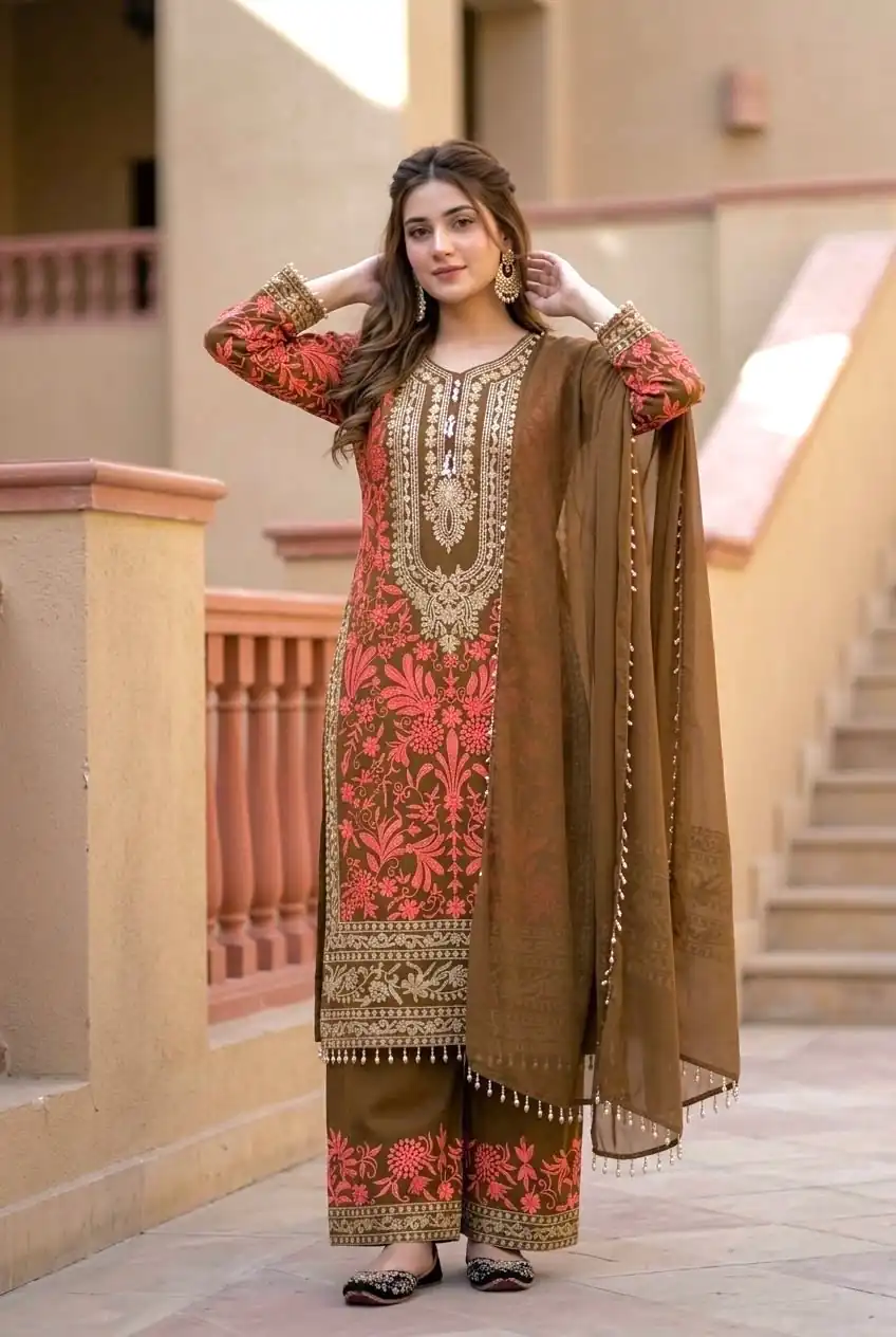 KF 1729 Brown Diamond Georgette Salwar Suit with Sequins Work & Embroidery Work. Introductory Price ₹2399. Delivery 4-6 Working Days. Shop now. | Jump Suits, Salwar suit, Designer Suits, Casual Suits, Creative suits, Palazzo Suits, Party Wear Suits, Patiala Suits, Straight Suits