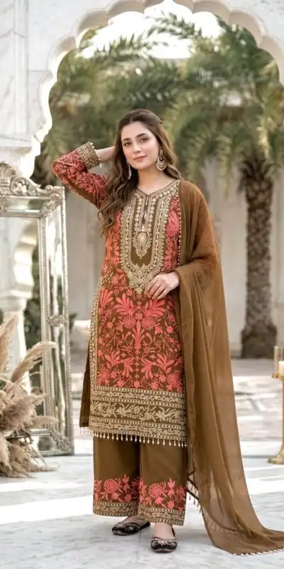 KF 1729 Brown Diamond Georgette Salwar Suit with Sequins Work & Embroidery Work. Introductory Price ₹2399. Delivery 4-6 Working Days. Shop now. | Jump Suits, Salwar suit, Designer Suits, Casual Suits, Creative suits, Palazzo Suits, Party Wear Suits, Patiala Suits, Straight Suits