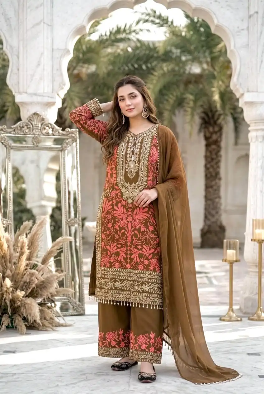 KF 1729 Brown Diamond Georgette Salwar Suit with Sequins Work & Embroidery Work. Introductory Price ₹2399. Delivery 4-6 Working Days. Shop now. | Jump Suits, Salwar suit, Designer Suits, Casual Suits, Creative suits, Palazzo Suits, Party Wear Suits, Patiala Suits, Straight Suits