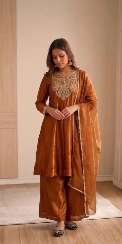 KF 1727 Brown Fandy Silk Salwar Suit Perfect for Wedding, Party, Family Gatherings, Onam, Engagement – . Affordable Price ₹1849. Delivery 4-6 Working Da | Jump Suits, Salwar suit, Designer Suits, Casual Suits, Creative suits, Palazzo Suits, Party Wear Suits, Patiala Suits, Straight Suits