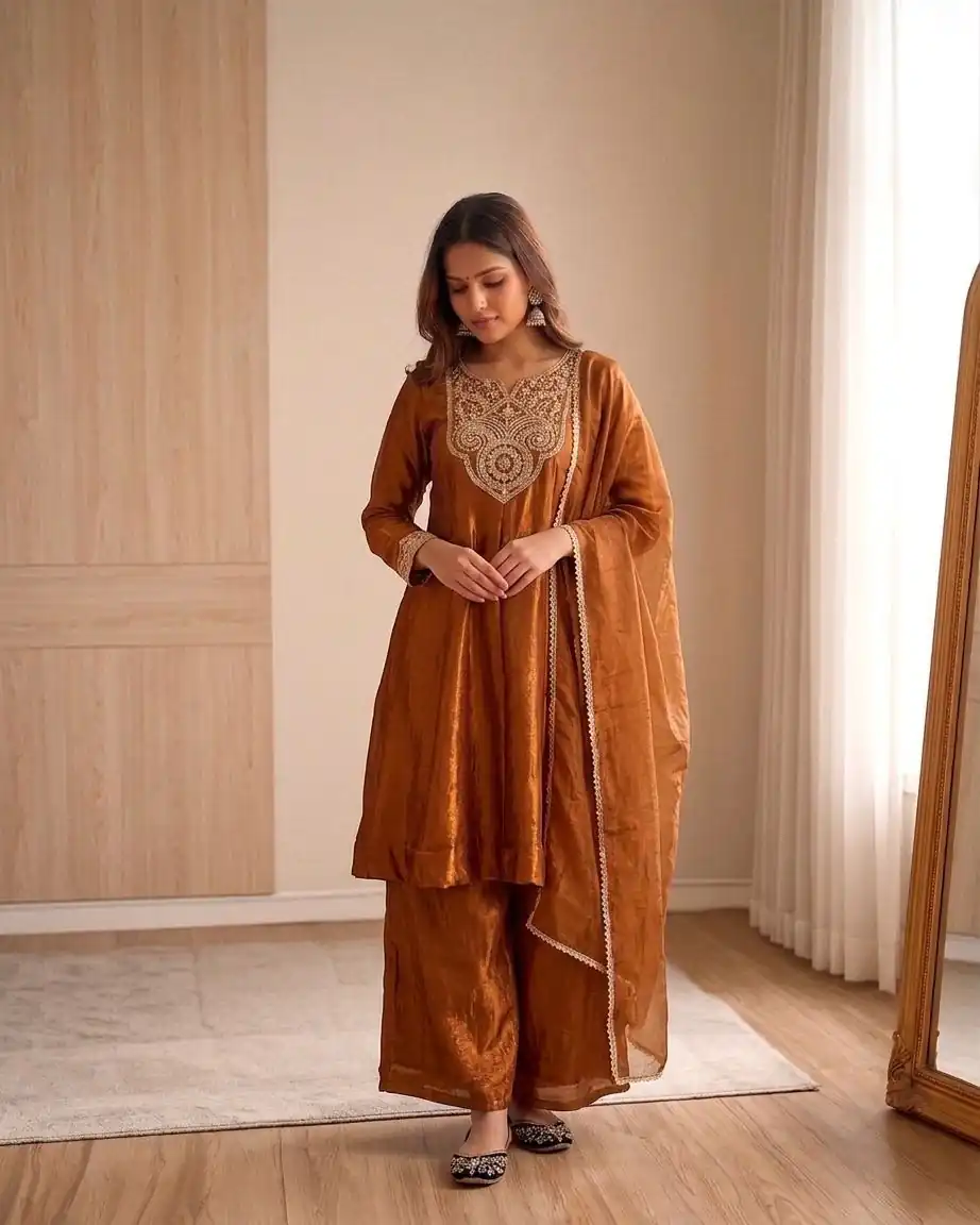 KF 1727 Brown Fandy Silk Salwar Suit Perfect for Wedding, Party, Family Gatherings, Onam, Engagement – . Affordable Price ₹1849. Delivery 4-6 Working Da | Jump Suits, Salwar suit, Designer Suits, Casual Suits, Creative suits, Palazzo Suits, Party Wear Suits, Patiala Suits, Straight Suits