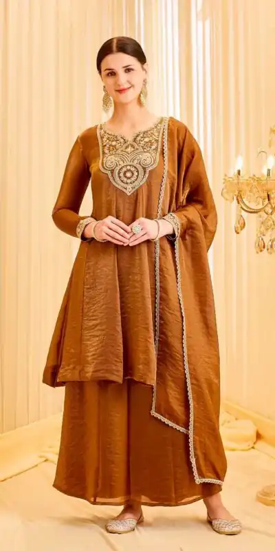 KF 1727 Brown Fandy Silk Salwar Suit Perfect for Wedding, Party, Family Gatherings, Onam, Engagement – . Affordable Price ₹1849. Delivery 4-6 Working Da | Jump Suits, Salwar suit, Designer Suits, Casual Suits, Creative suits, Palazzo Suits, Party Wear Suits, Patiala Suits, Straight Suits