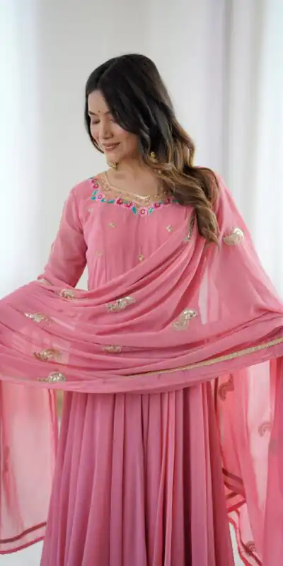 SRK 5363 Dusty Pink | Dusty Pink Faux Georgette Gown with Sequins Work & Embroidery Work. Affordable Price ₹2099. Delivery 4-6 Working Days. Shop now. | Gowns, Bollywood Gowns, Creative Gowns, Designer Gowns, Embroidered Gowns, Party Wear Gowns
