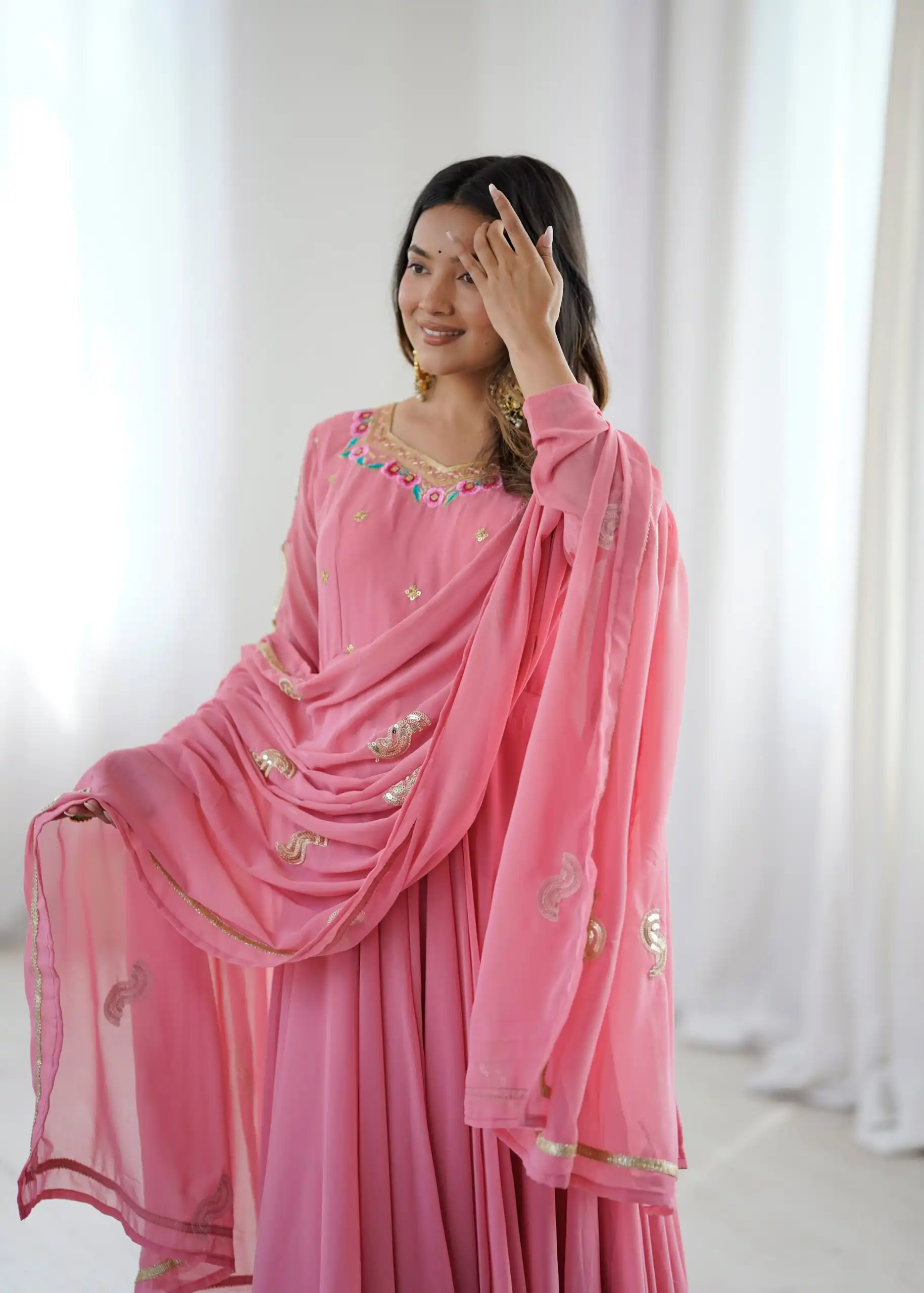 SRK 5363 Dusty Pink | Dusty Pink Faux Georgette Gown with Sequins Work & Embroidery Work. Affordable Price ₹2099. Delivery 4-6 Working Days. Shop now. | Gowns, Bollywood Gowns, Creative Gowns, Designer Gowns, Embroidered Gowns, Party Wear Gowns