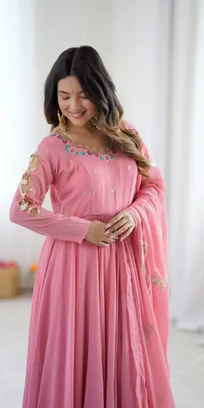 SRK 5363 Dusty Pink | Dusty Pink Faux Georgette Gown with Sequins Work & Embroidery Work. Affordable Price ₹2099. Delivery 4-6 Working Days. Shop now. | Gowns, Bollywood Gowns, Creative Gowns, Designer Gowns, Embroidered Gowns, Party Wear Gowns
