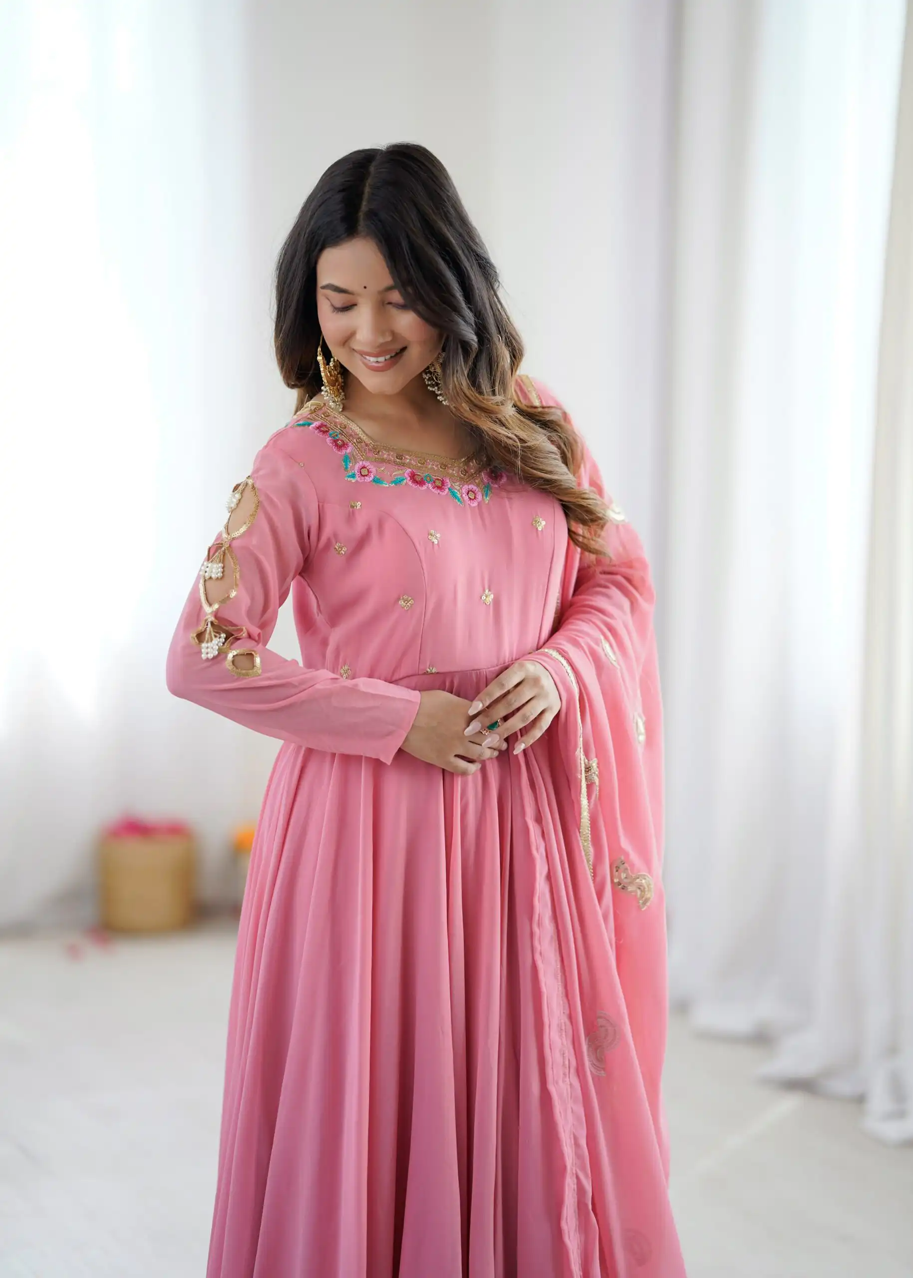 SRK 5363 Dusty Pink | Dusty Pink Faux Georgette Gown with Sequins Work & Embroidery Work. Affordable Price ₹2099. Delivery 4-6 Working Days. Shop now. | Gowns, Bollywood Gowns, Creative Gowns, Designer Gowns, Embroidered Gowns, Party Wear Gowns