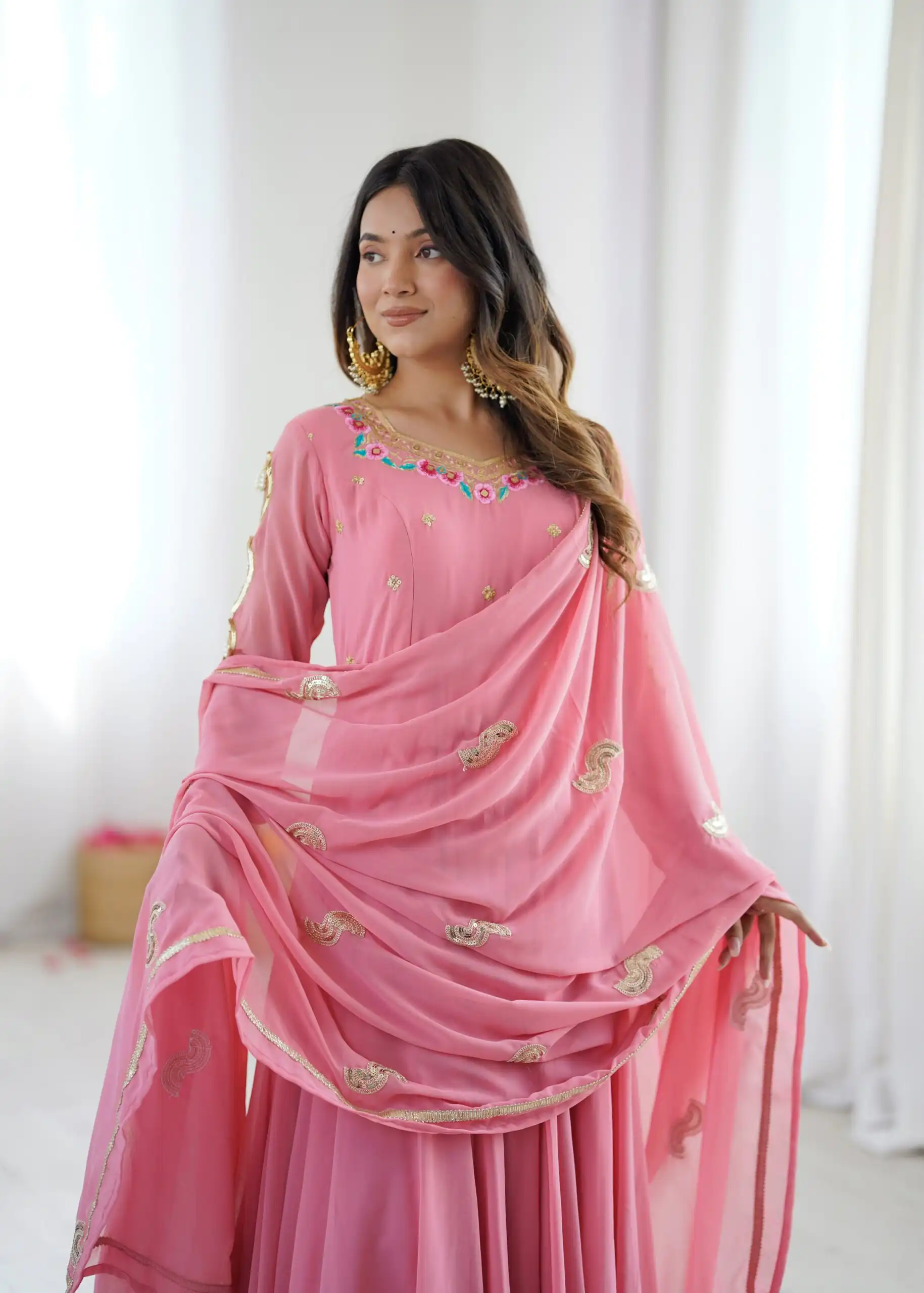 SRK 5363 Dusty Pink | Dusty Pink Faux Georgette Gown with Sequins Work & Embroidery Work. Affordable Price ₹2099. Delivery 4-6 Working Days. Shop now. | Gowns, Bollywood Gowns, Creative Gowns, Designer Gowns, Embroidered Gowns, Party Wear Gowns