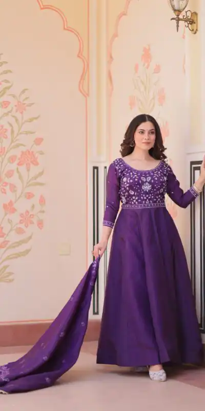 KA 1230 Purple in Gold Crush Zari Work & Embroidery Work Gown . Affordable Price ₹1999. Delivery 4-6 Working Days. Shop now. | Gowns, Bollywood Gowns, Creative Gowns, Designer Gowns, Embroidered Gowns, Party Wear Gowns