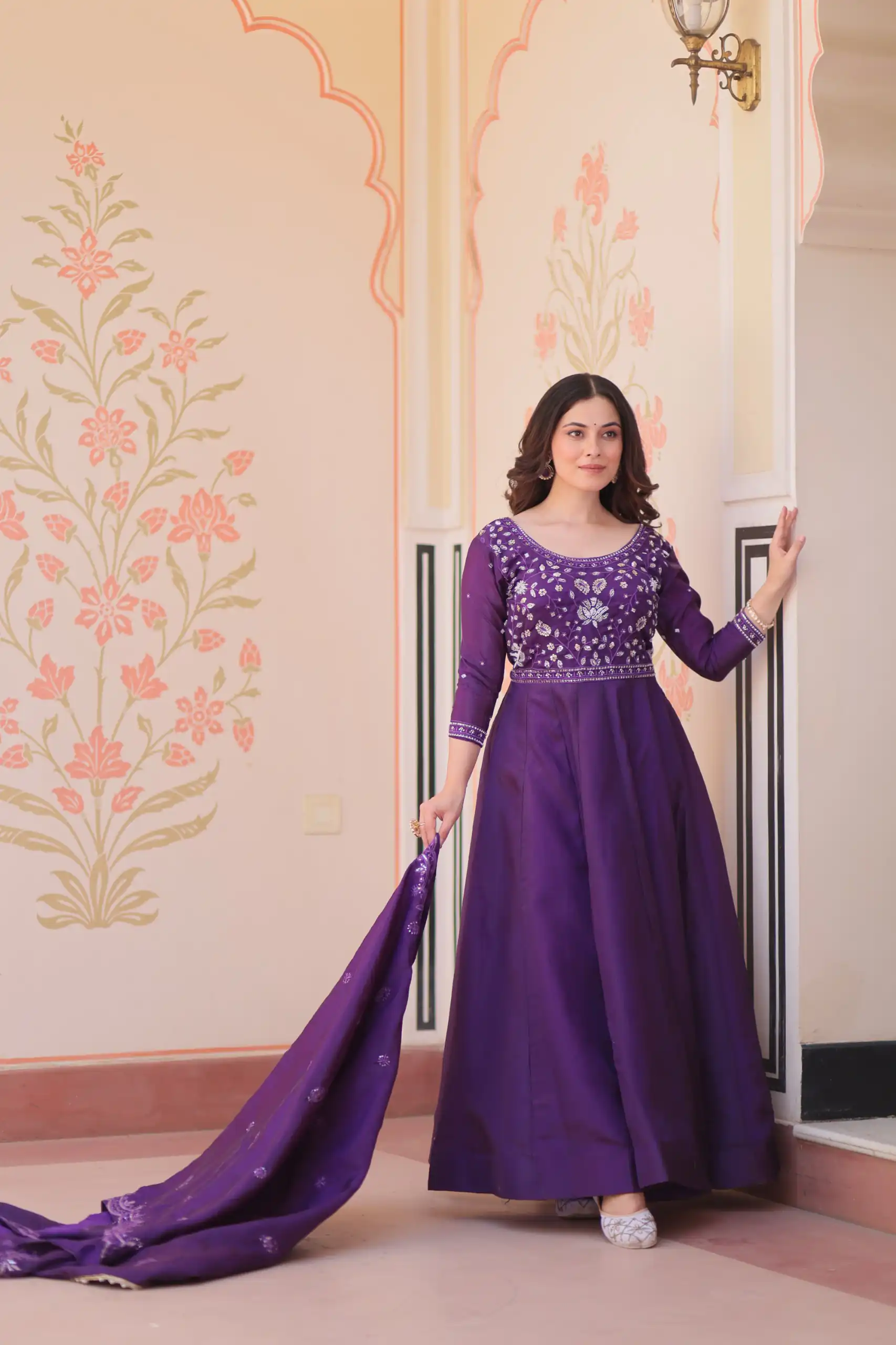 KA 1230 Purple in Gold Crush Zari Work & Embroidery Work Gown . Affordable Price ₹1999. Delivery 4-6 Working Days. Shop now. | Gowns, Bollywood Gowns, Creative Gowns, Designer Gowns, Embroidered Gowns, Party Wear Gowns