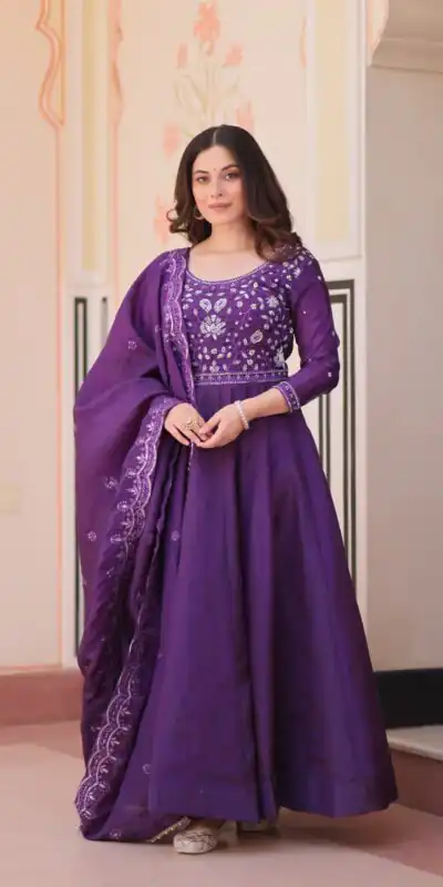 KA 1230 Purple in Gold Crush Zari Work & Embroidery Work Gown . Affordable Price ₹1999. Delivery 4-6 Working Days. Shop now. | Gowns, Bollywood Gowns, Creative Gowns, Designer Gowns, Embroidered Gowns, Party Wear Gowns
