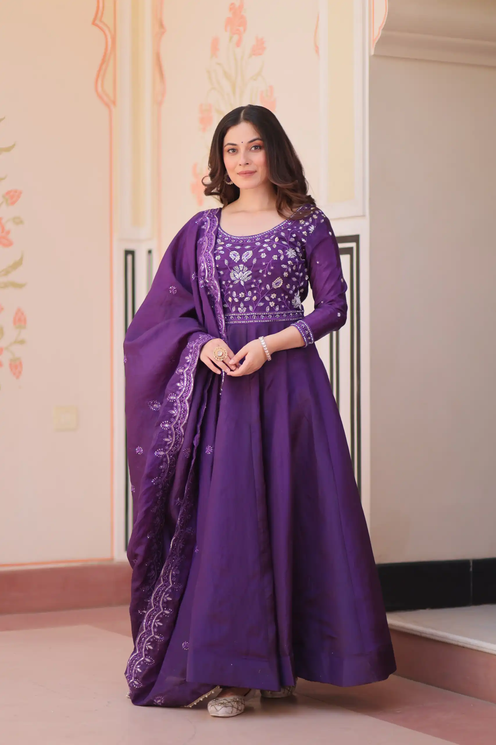 KA 1230 Purple in Gold Crush Zari Work & Embroidery Work Gown . Affordable Price ₹1999. Delivery 4-6 Working Days. Shop now. | Gowns, Bollywood Gowns, Creative Gowns, Designer Gowns, Embroidered Gowns, Party Wear Gowns