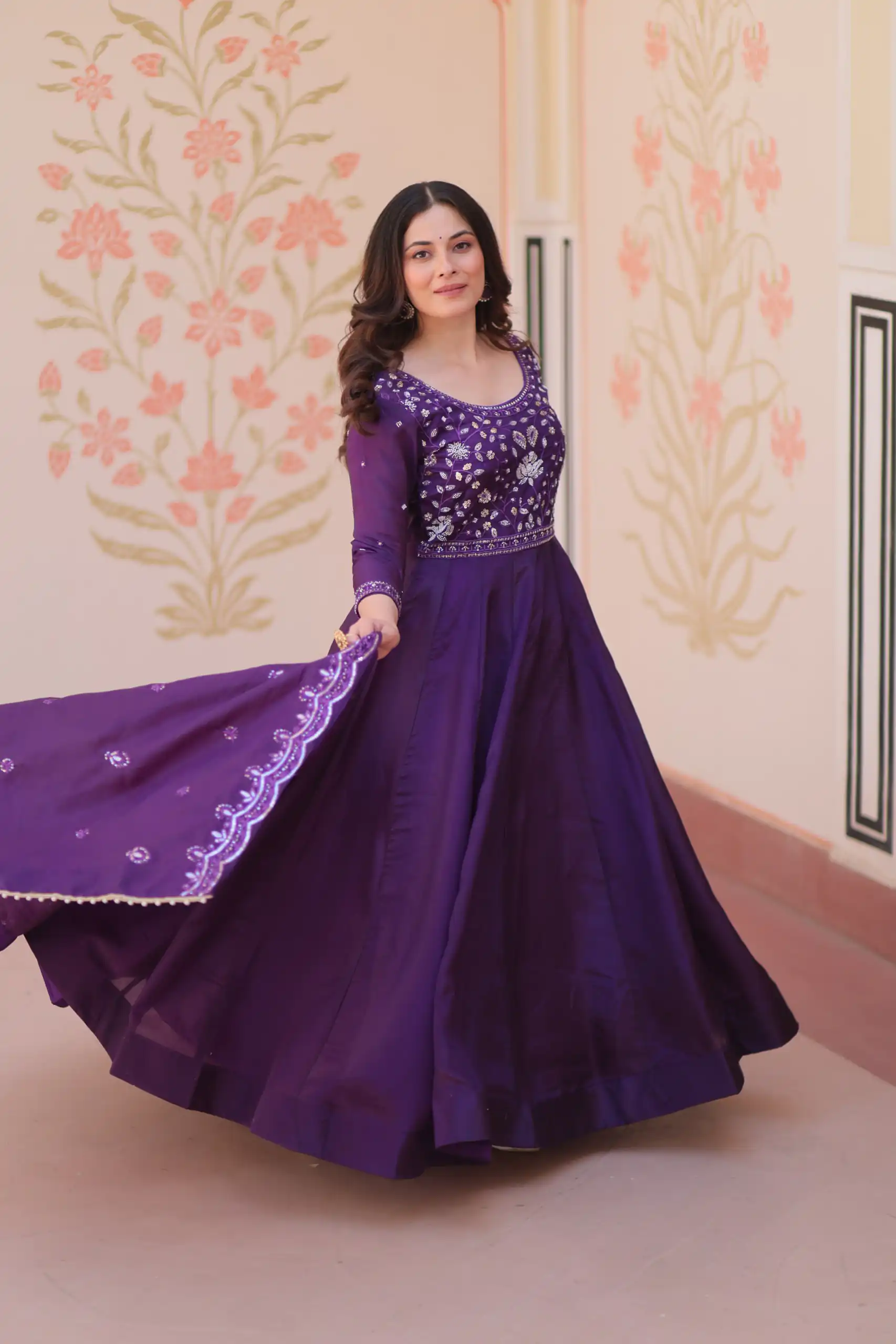 KA 1230 Purple in Gold Crush Zari Work & Embroidery Work Gown . Affordable Price ₹1999. Delivery 4-6 Working Days. Shop now. | Gowns, Bollywood Gowns, Creative Gowns, Designer Gowns, Embroidered Gowns, Party Wear Gowns