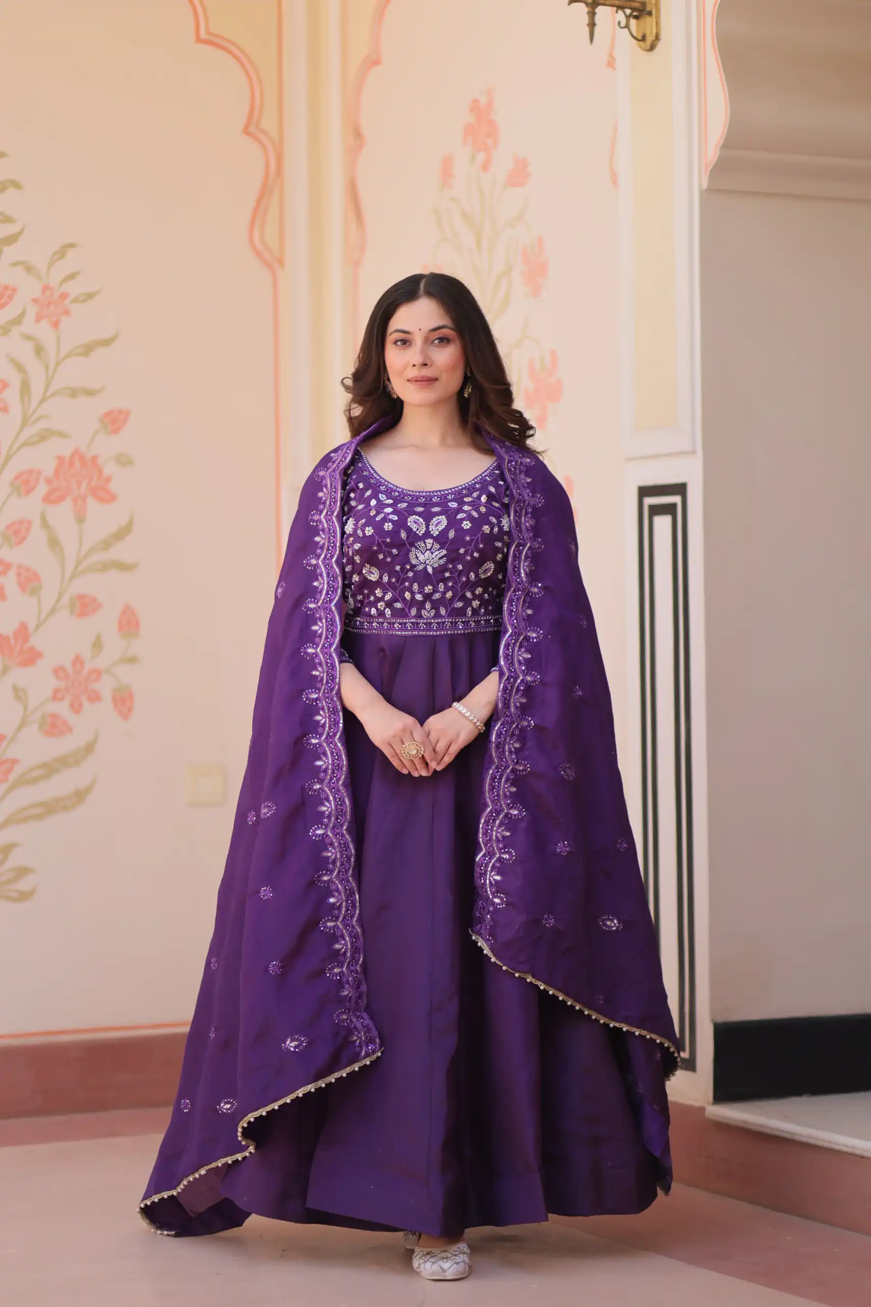 KA 1230 Purple in Gold Crush Zari Work & Embroidery Work Gown . Affordable Price ₹1999. Delivery 4-6 Working Days. Shop now. | Gowns, Bollywood Gowns, Creative Gowns, Designer Gowns, Embroidered Gowns, Party Wear Gowns