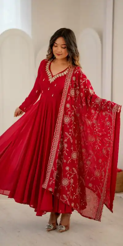 ZF 5025 Red Faux Georgette Gown Perfect for Wedding, Party, Raksha Bandhan, Temple Visit, Onam – . Get it for ₹2149. Delivery 4-6 Working Days. Shop now | Gowns, Bollywood Gowns, Creative Gowns, Designer Gowns, Embroidered Gowns, Party Wear Gowns