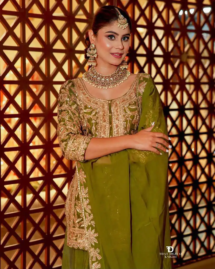 ZD 10095 Mehendi | Chinon Silk Salwar Suit with Sequins Work & Embroidery Work. Exclusive Offer ₹2449. Delivery 4-6 Working Days. Shop now. | Jump Suits, Salwar suit, Designer Suits, Casual Suits, Creative suits, Palazzo Suits, Party Wear Suits, Patiala Suits, Straight Suits