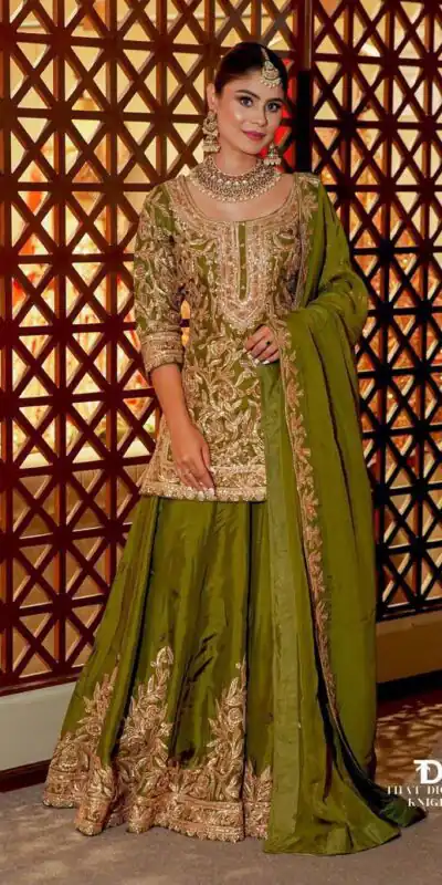 ZD 10095 Mehendi | Chinon Silk Salwar Suit with Sequins Work & Embroidery Work. Exclusive Offer ₹2449. Delivery 4-6 Working Days. Shop now. | Jump Suits, Salwar suit, Designer Suits, Casual Suits, Creative suits, Palazzo Suits, Party Wear Suits, Patiala Suits, Straight Suits