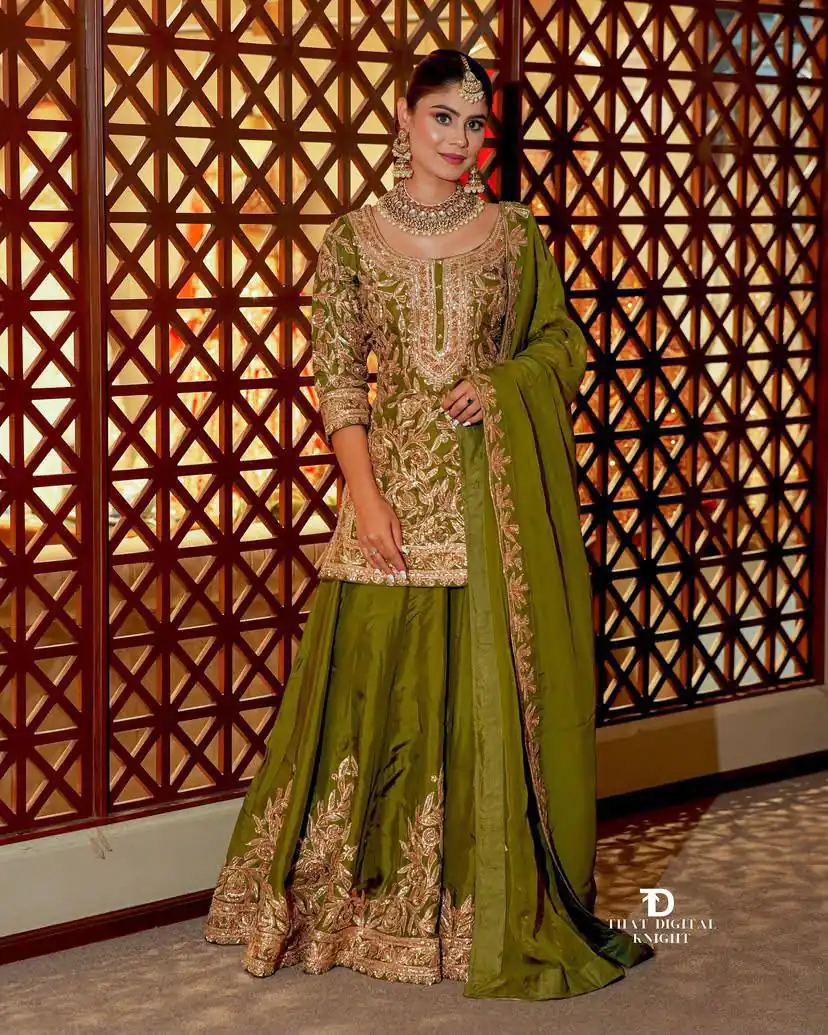 ZD 10095 Mehendi | Chinon Silk Salwar Suit with Sequins Work & Embroidery Work. Exclusive Offer ₹2449. Delivery 4-6 Working Days. Shop now. | Jump Suits, Salwar suit, Designer Suits, Casual Suits, Creative suits, Palazzo Suits, Party Wear Suits, Patiala Suits, Straight Suits