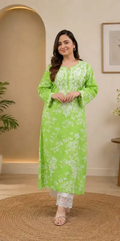 MF 1130 Parrot Green in Colour Poly Cotton Chikenkari Work & Lace Work Kurti . Festive Deal ₹1499. Delivery 4-6 Working Days. Shop now. | Kurti, Bollywood Kurti, Creative Kurtis, Designer Kurti, Party Wear Kurti, Selfie Kurti