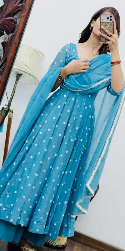 SRK 5358 Sky Blue with Thread Embroidery & Work Sky Blue Georgette Gown . Festive Deal ₹1899. Delivery 4-6 Working Days. Shop now. | Gowns, Bollywood Gowns, Creative Gowns, Designer Gowns, Embroidered Gowns, Party Wear Gowns