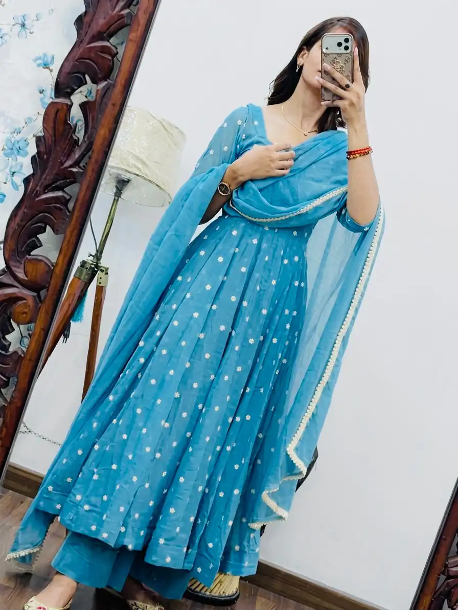 SRK 5358 Sky Blue with Thread Embroidery & Work Sky Blue Georgette Gown . Festive Deal ₹1899. Delivery 4-6 Working Days. Shop now. | Gowns, Bollywood Gowns, Creative Gowns, Designer Gowns, Embroidered Gowns, Party Wear Gowns
