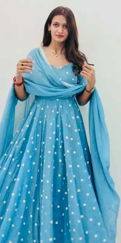 SRK 5358 Sky Blue with Thread Embroidery & Work Sky Blue Georgette Gown . Festive Deal ₹1899. Delivery 4-6 Working Days. Shop now. | Gowns, Bollywood Gowns, Creative Gowns, Designer Gowns, Embroidered Gowns, Party Wear Gowns
