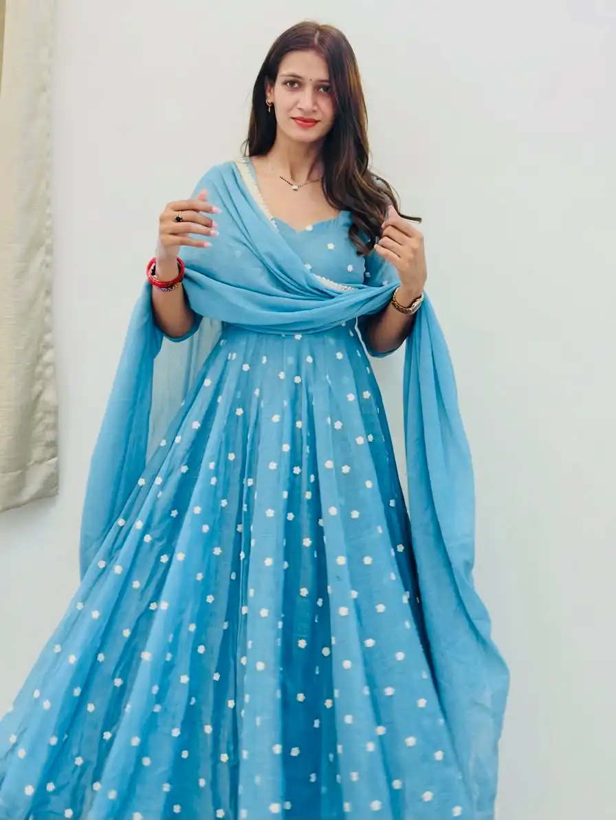 SRK 5358 Sky Blue with Thread Embroidery & Work Sky Blue Georgette Gown . Festive Deal ₹1899. Delivery 4-6 Working Days. Shop now. | Gowns, Bollywood Gowns, Creative Gowns, Designer Gowns, Embroidered Gowns, Party Wear Gowns