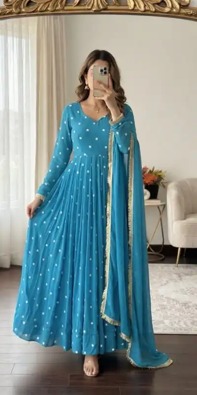 SRK 5358 Sky Blue with Thread Embroidery & Work Sky Blue Georgette Gown . Festive Deal ₹1899. Delivery 4-6 Working Days. Shop now. | Gowns, Bollywood Gowns, Creative Gowns, Designer Gowns, Embroidered Gowns, Party Wear Gowns