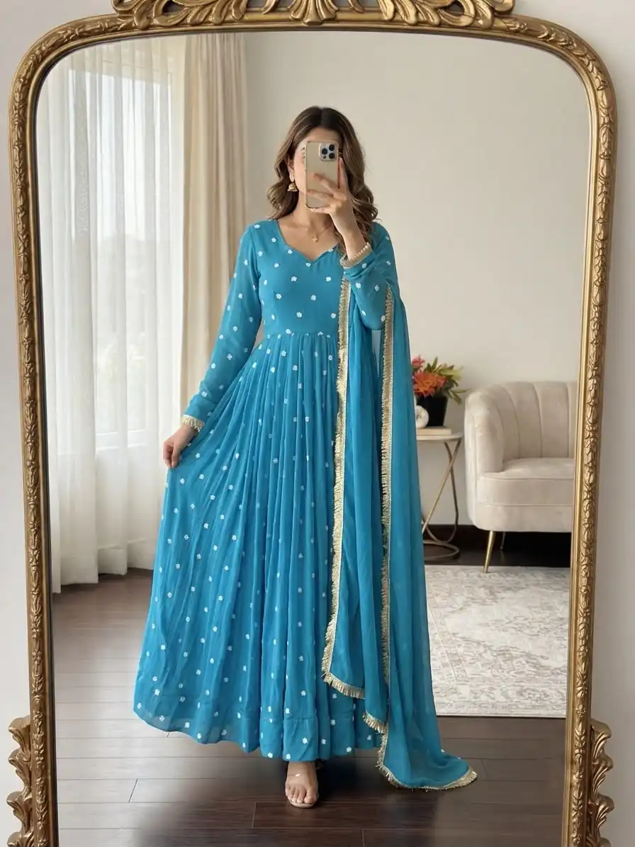 SRK 5358 Sky Blue with Thread Embroidery & Work Sky Blue Georgette Gown . Festive Deal ₹1899. Delivery 4-6 Working Days. Shop now. | Gowns, Bollywood Gowns, Creative Gowns, Designer Gowns, Embroidered Gowns, Party Wear Gowns