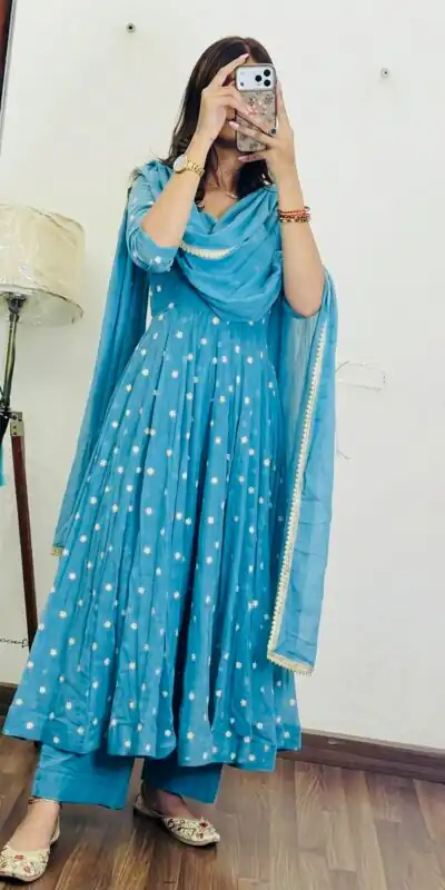 SRK 5358 Sky Blue with Thread Embroidery & Work Sky Blue Georgette Gown . Festive Deal ₹1899. Delivery 4-6 Working Days. Shop now. | Gowns, Bollywood Gowns, Creative Gowns, Designer Gowns, Embroidered Gowns, Party Wear Gowns