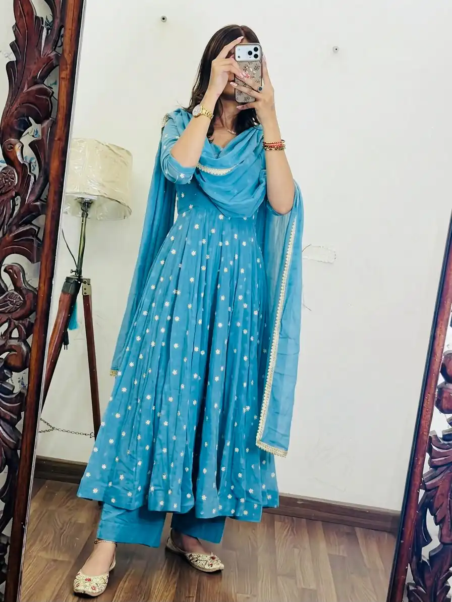 SRK 5358 Sky Blue with Thread Embroidery & Work Sky Blue Georgette Gown . Festive Deal ₹1899. Delivery 4-6 Working Days. Shop now. | Gowns, Bollywood Gowns, Creative Gowns, Designer Gowns, Embroidered Gowns, Party Wear Gowns