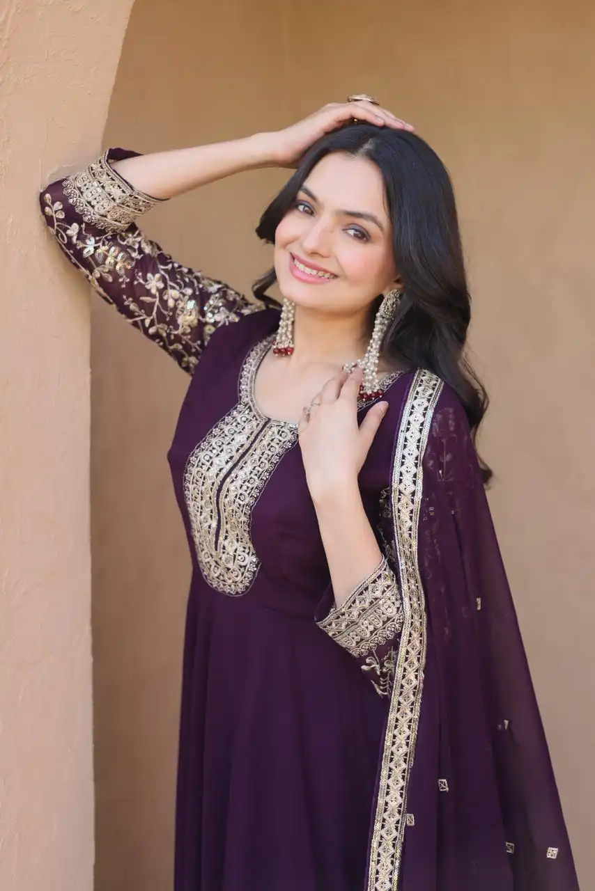 KA 1253 Wine Faux Blooming Gown Perfect for Wedding, Party, Ethnic Day, Mehendi, Eid – . Now at just ₹2399. Delivery 4-6 Working Days. Shop now. | Gowns, Bollywood Gowns, Creative Gowns, Designer Gowns, Embroidered Gowns, Party Wear Gowns