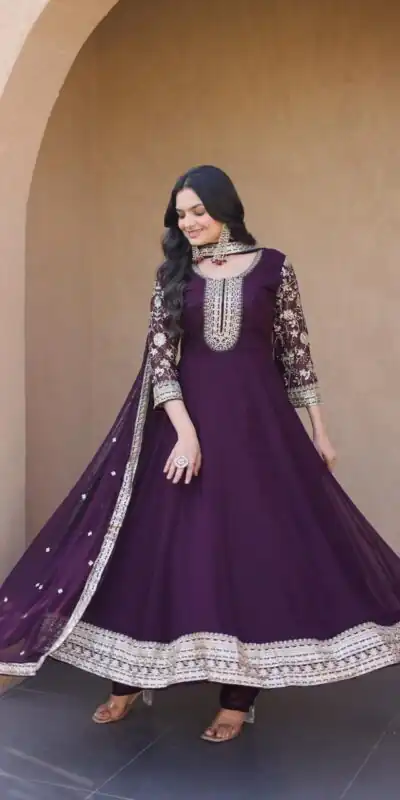 KA 1253 Wine Faux Blooming Gown Perfect for Wedding, Party, Ethnic Day, Mehendi, Eid – . Now at just ₹2399. Delivery 4-6 Working Days. Shop now. | Gowns, Bollywood Gowns, Creative Gowns, Designer Gowns, Embroidered Gowns, Party Wear Gowns