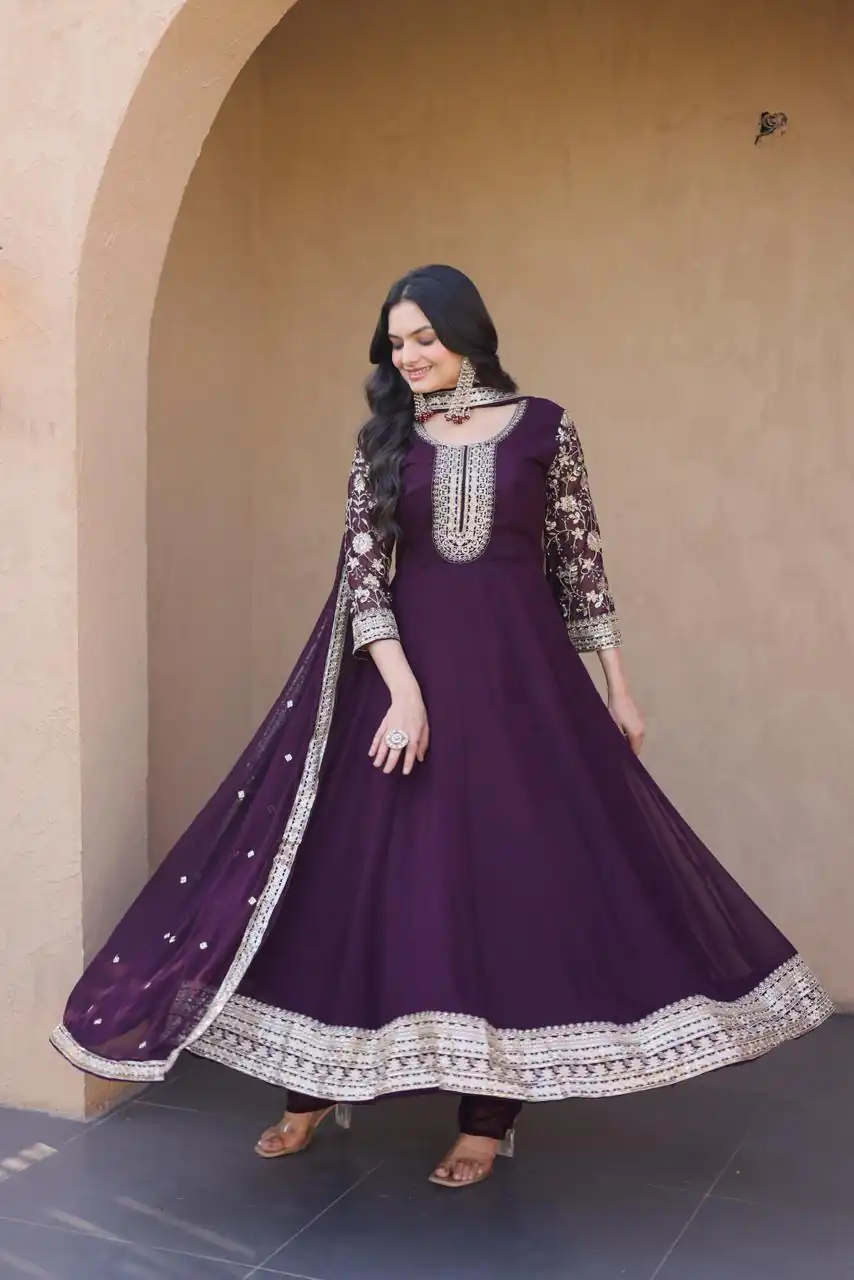 KA 1253 Wine Faux Blooming Gown Perfect for Wedding, Party, Ethnic Day, Mehendi, Eid – . Now at just ₹2399. Delivery 4-6 Working Days. Shop now. | Gowns, Bollywood Gowns, Creative Gowns, Designer Gowns, Embroidered Gowns, Party Wear Gowns