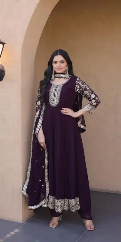 KA 1253 Wine Faux Blooming Gown Perfect for Wedding, Party, Ethnic Day, Mehendi, Eid – . Now at just ₹2399. Delivery 4-6 Working Days. Shop now. | Gowns, Bollywood Gowns, Creative Gowns, Designer Gowns, Embroidered Gowns, Party Wear Gowns