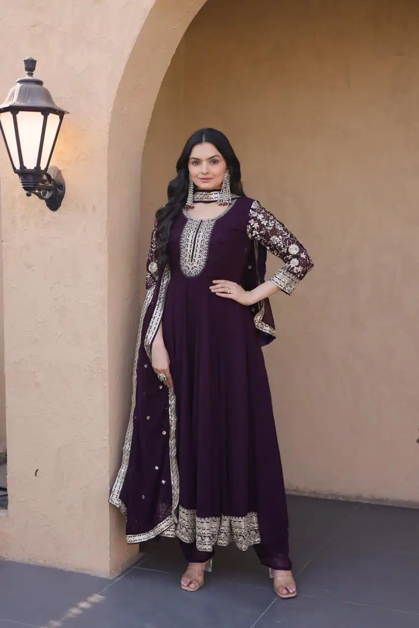 KA 1253 Wine Faux Blooming Gown Perfect for Wedding, Party, Ethnic Day, Mehendi, Eid – . Now at just ₹2399. Delivery 4-6 Working Days. Shop now. | Gowns, Bollywood Gowns, Creative Gowns, Designer Gowns, Embroidered Gowns, Party Wear Gowns