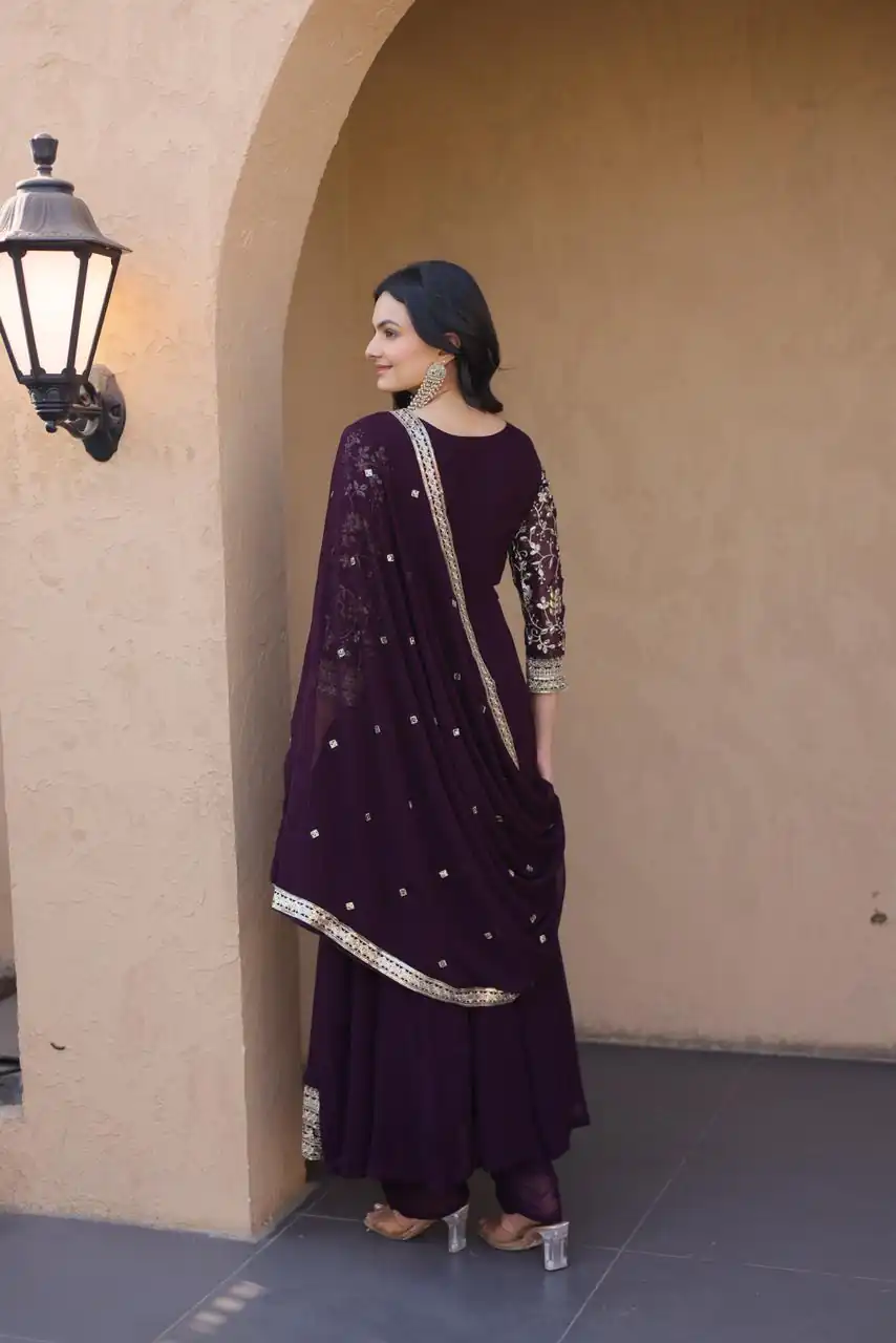 KA 1253 Wine Faux Blooming Gown Perfect for Wedding, Party, Ethnic Day, Mehendi, Eid – . Now at just ₹2399. Delivery 4-6 Working Days. Shop now. | Gowns, Bollywood Gowns, Creative Gowns, Designer Gowns, Embroidered Gowns, Party Wear Gowns