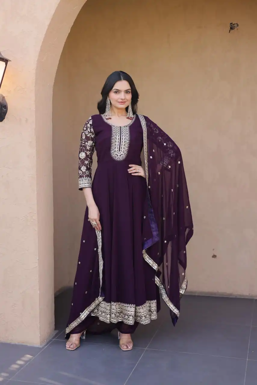 KA 1253 Wine Faux Blooming Gown Perfect for Wedding, Party, Ethnic Day, Mehendi, Eid – . Now at just ₹2399. Delivery 4-6 Working Days. Shop now. | Gowns, Bollywood Gowns, Creative Gowns, Designer Gowns, Embroidered Gowns, Party Wear Gowns