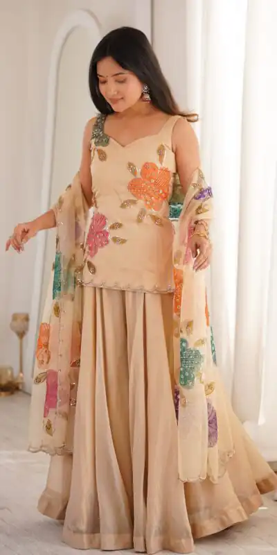 KD 1625 Chiku | Tabby Organza Silk Salwar Suit with Designer Work. Exclusive Offer ₹2099. Delivery 4-6 Working Days. Shop now. | Jump Suits, Salwar suit, Designer Suits, Casual Suits, Creative suits, Palazzo Suits, Party Wear Suits, Patiala Suits, Straight Suits
